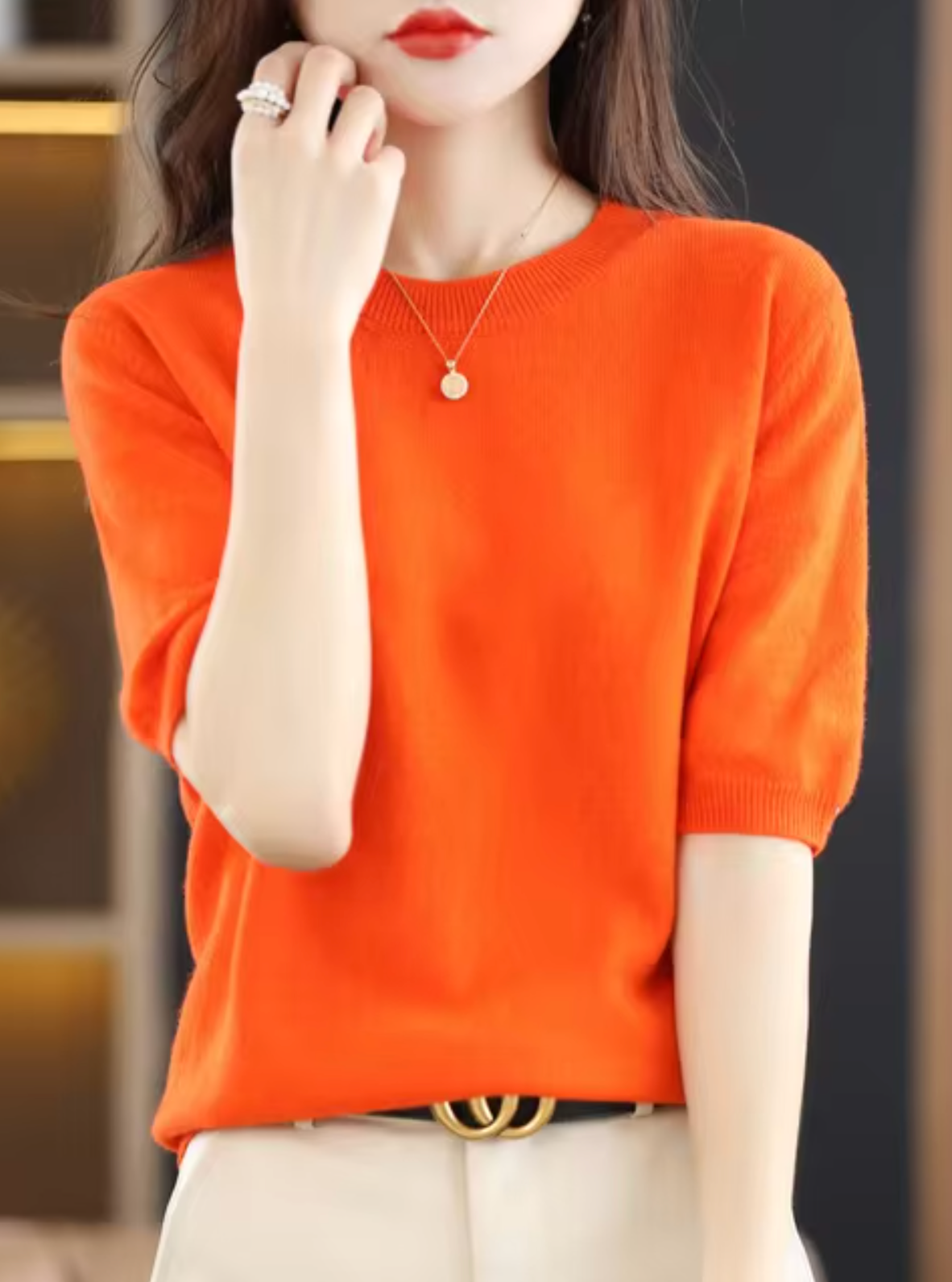 Short-Sleeved Wool Cashmere Sweater for Transitional Weather