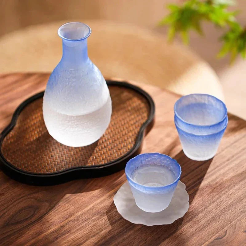 Ombre Blue Glass Sake Set with Carafe, Cups, and Tray