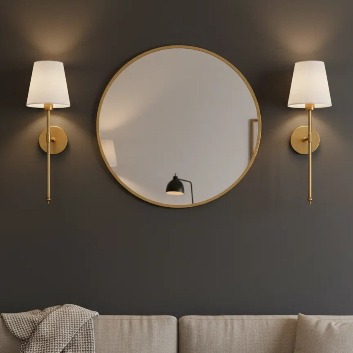 Brass Wall Sconce Set with White Fabric Shades