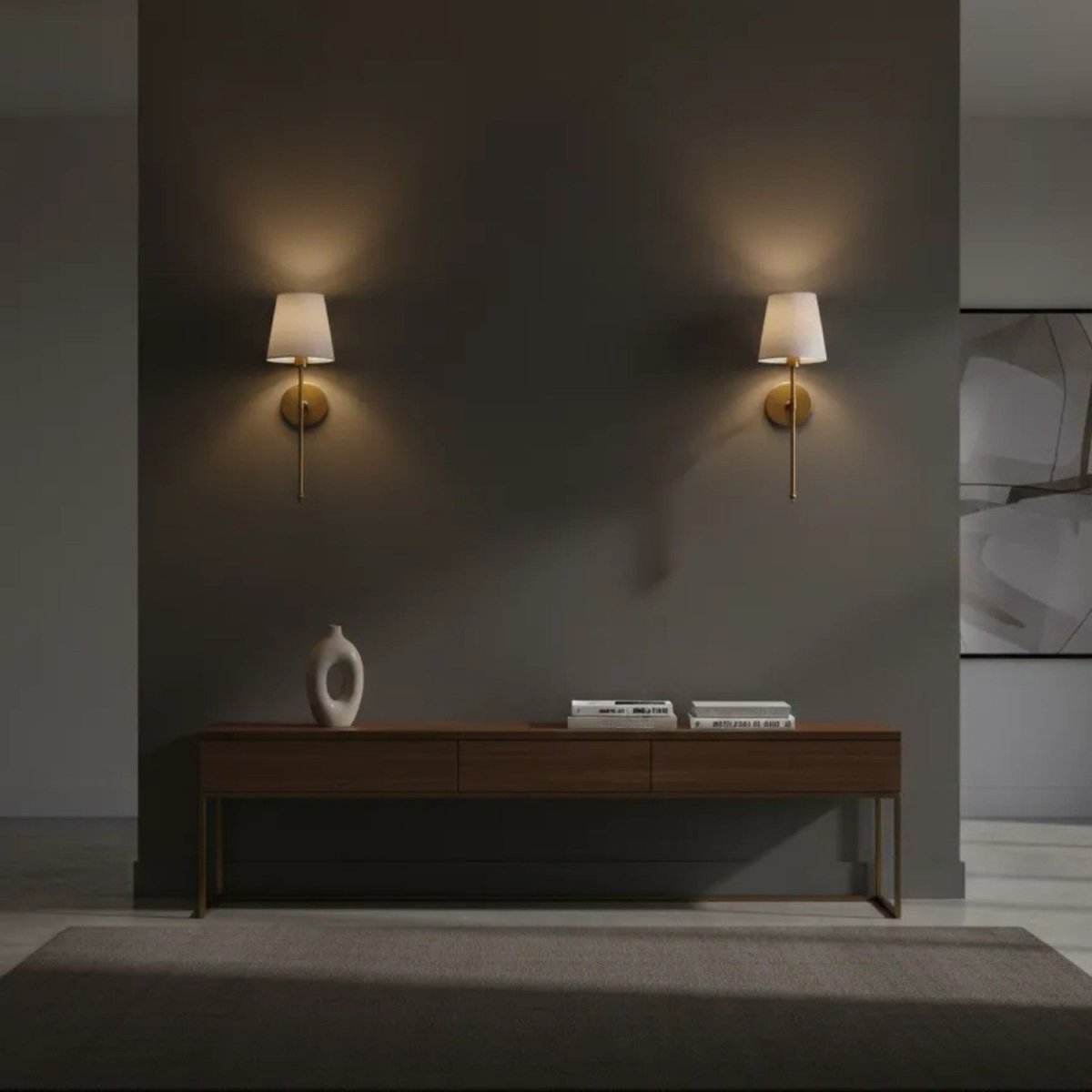 Brass Wall Sconce Set with White Fabric Shades