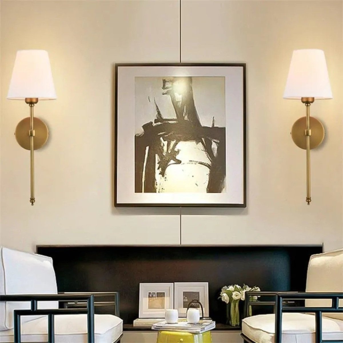 Brass Wall Sconce Set with White Fabric Shades