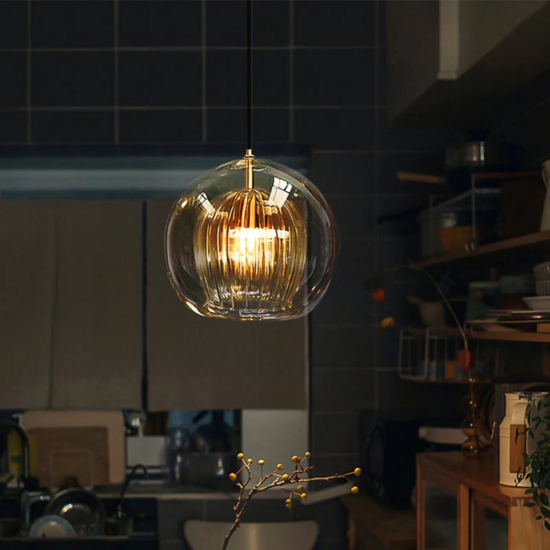 Modern Adjustable Spherical LED Pendant Light in Clear or Amber Glass