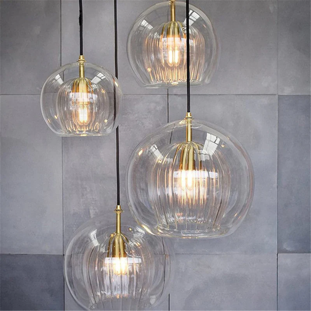 Modern Adjustable Spherical LED Pendant Light in Clear or Amber Glass