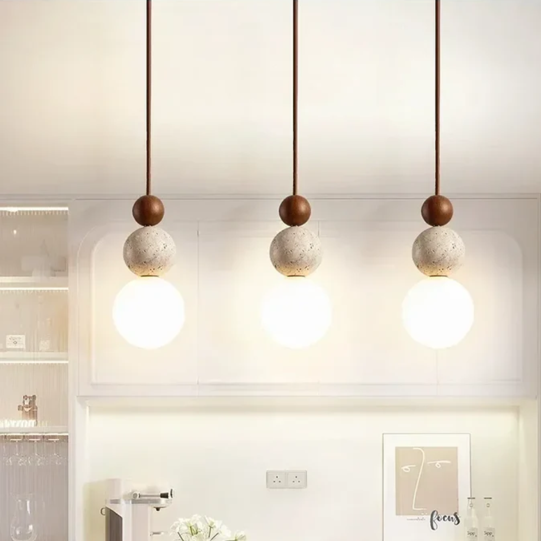 Modern Travertine and Mahogany Pendant Light Fixture