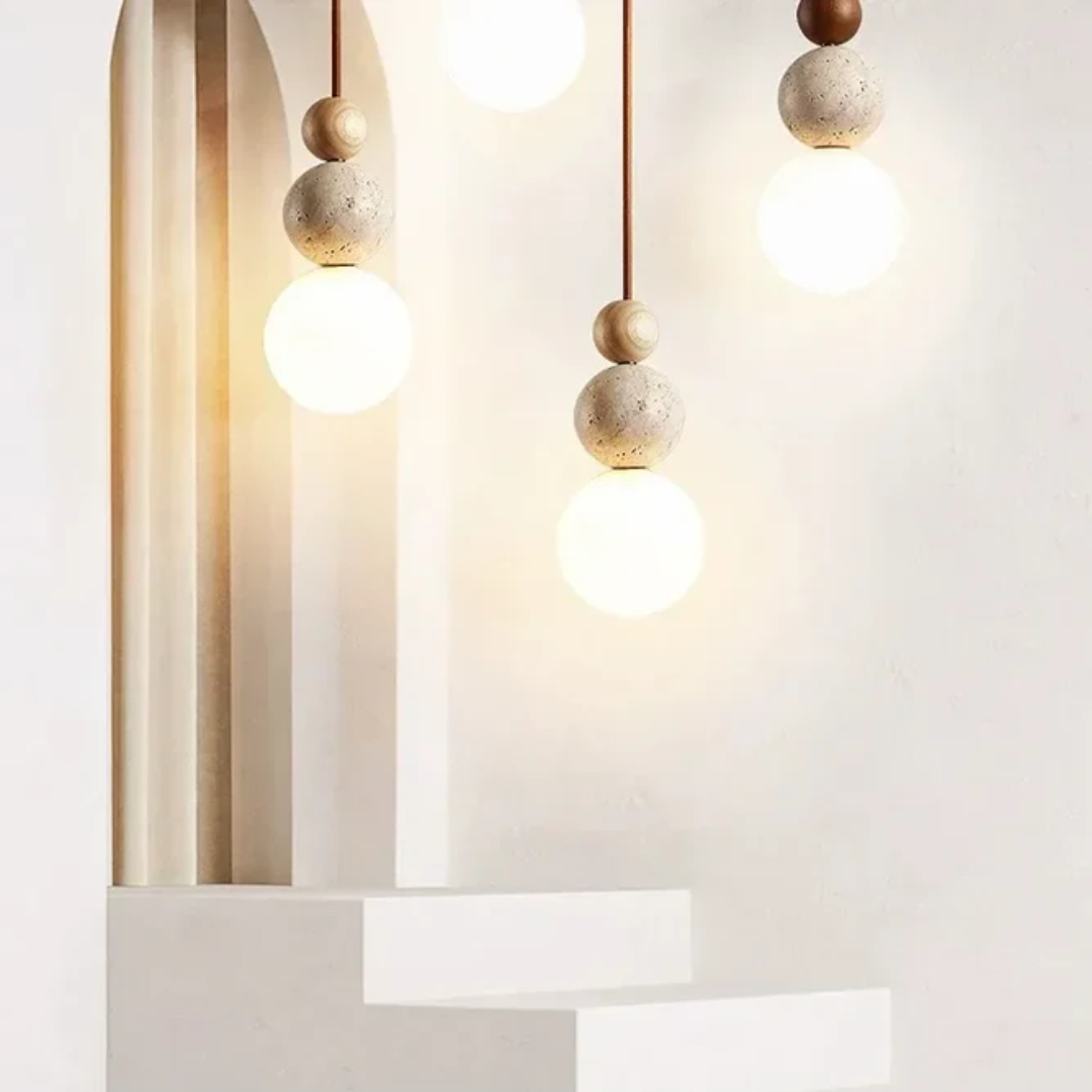 Modern Travertine and Mahogany Pendant Light Fixture