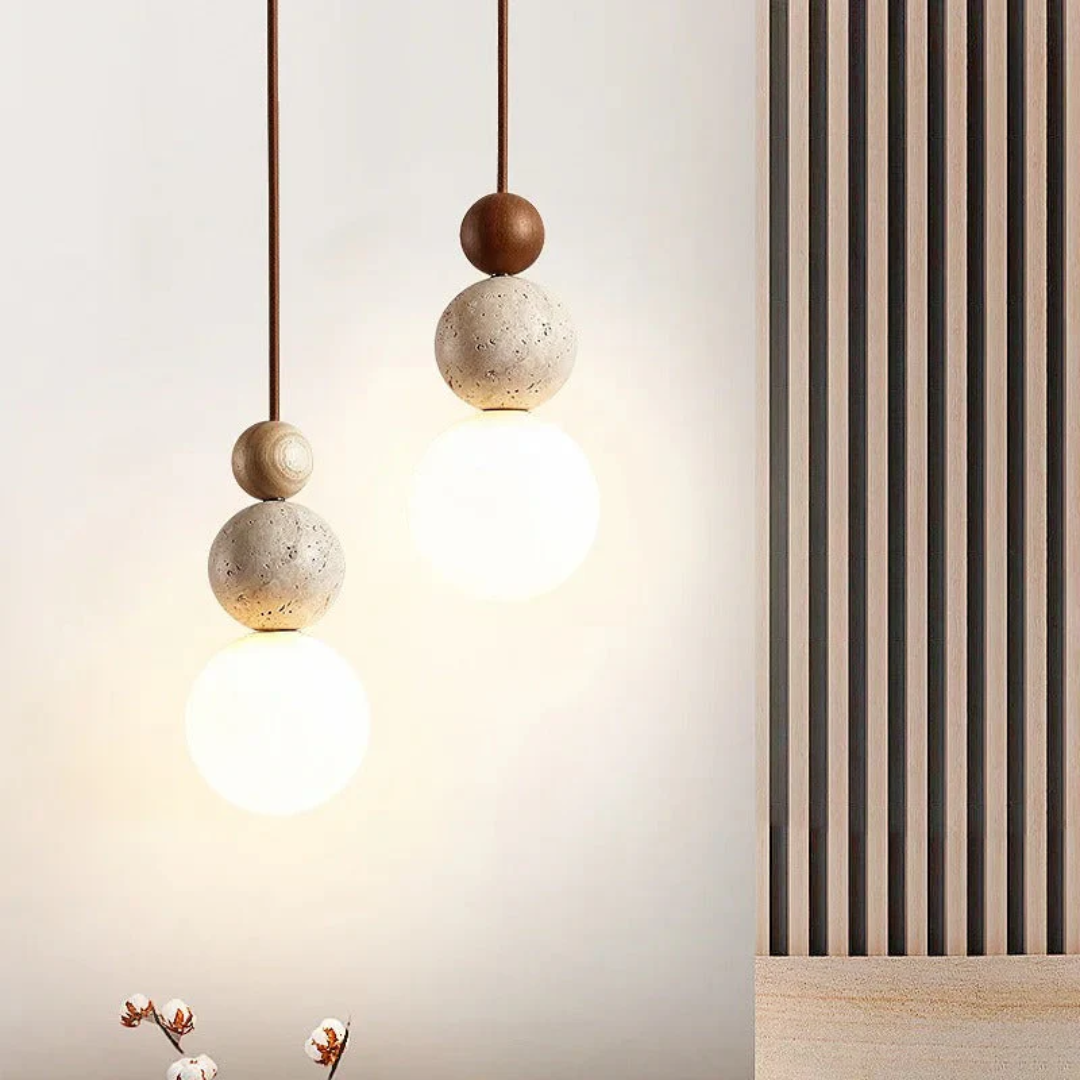 Modern Travertine and Mahogany Pendant Light Fixture