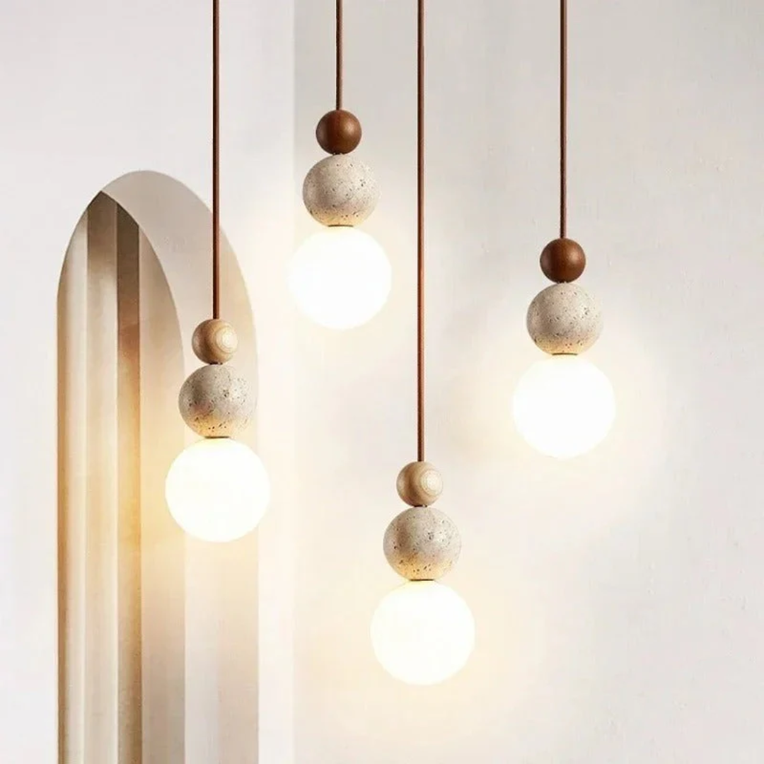 Modern Travertine and Mahogany Pendant Light Fixture