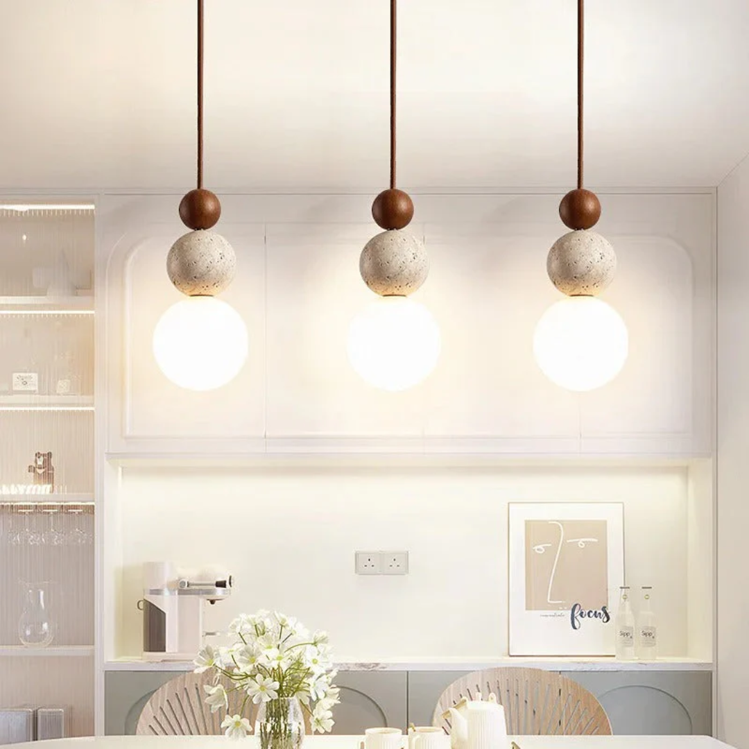 Modern Travertine and Mahogany Pendant Light Fixture