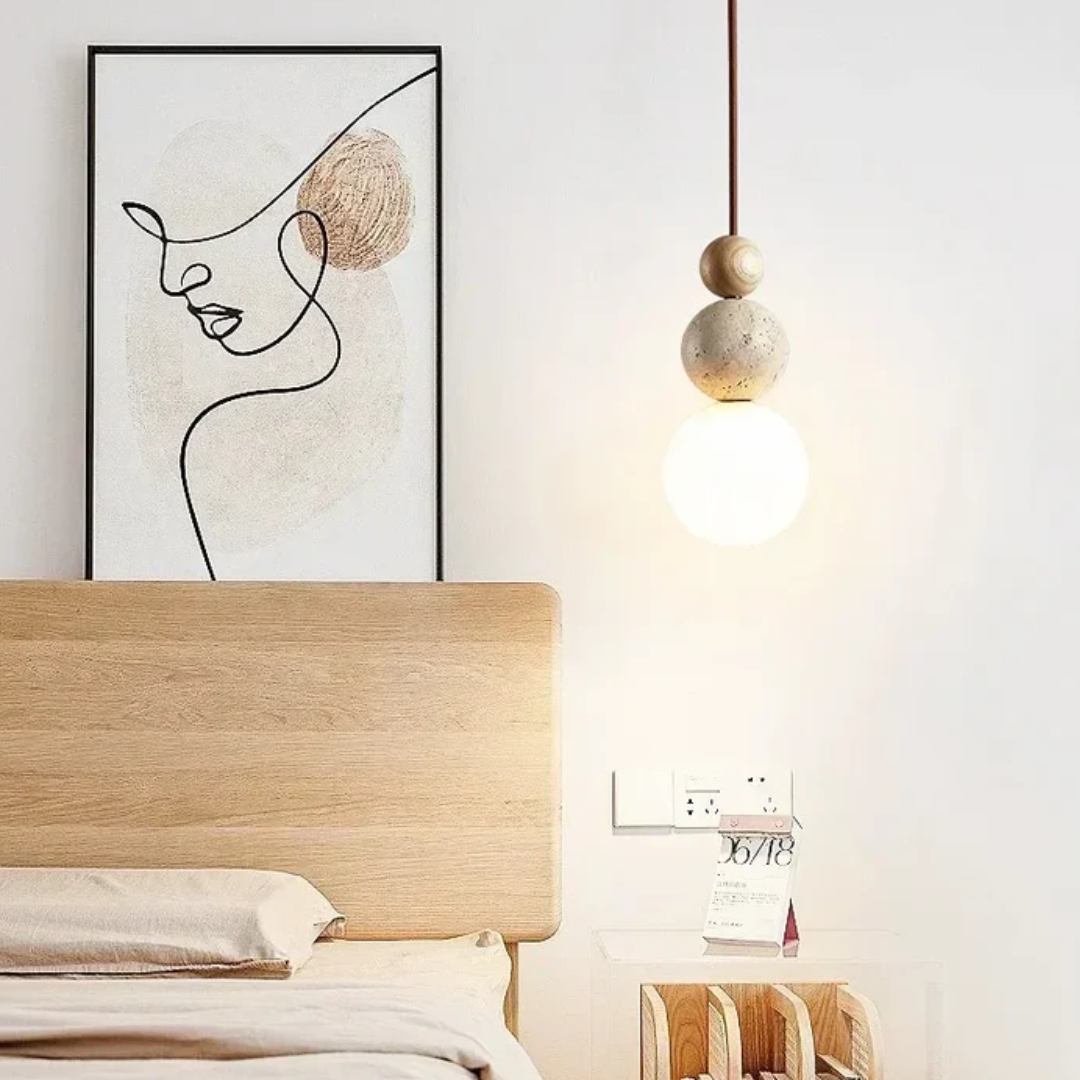 Modern Travertine and Mahogany Pendant Light Fixture
