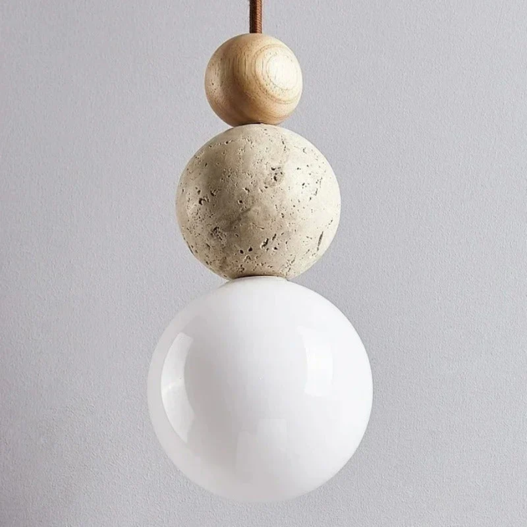 Modern Travertine and Mahogany Pendant Light Fixture
