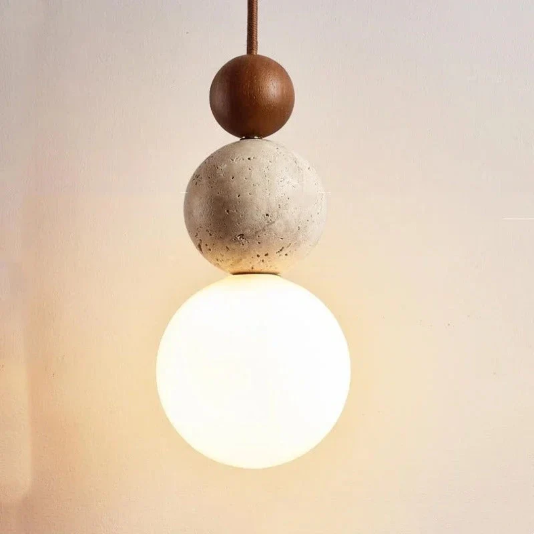 Modern Travertine and Mahogany Pendant Light Fixture