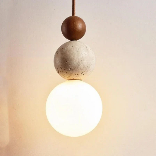 Modern Travertine and Mahogany Pendant Light Fixture