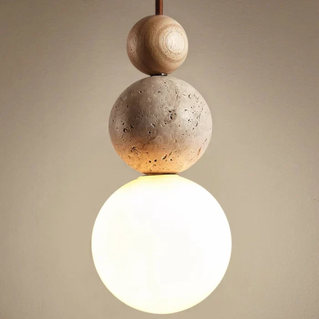 Modern Travertine and Mahogany Pendant Light Fixture