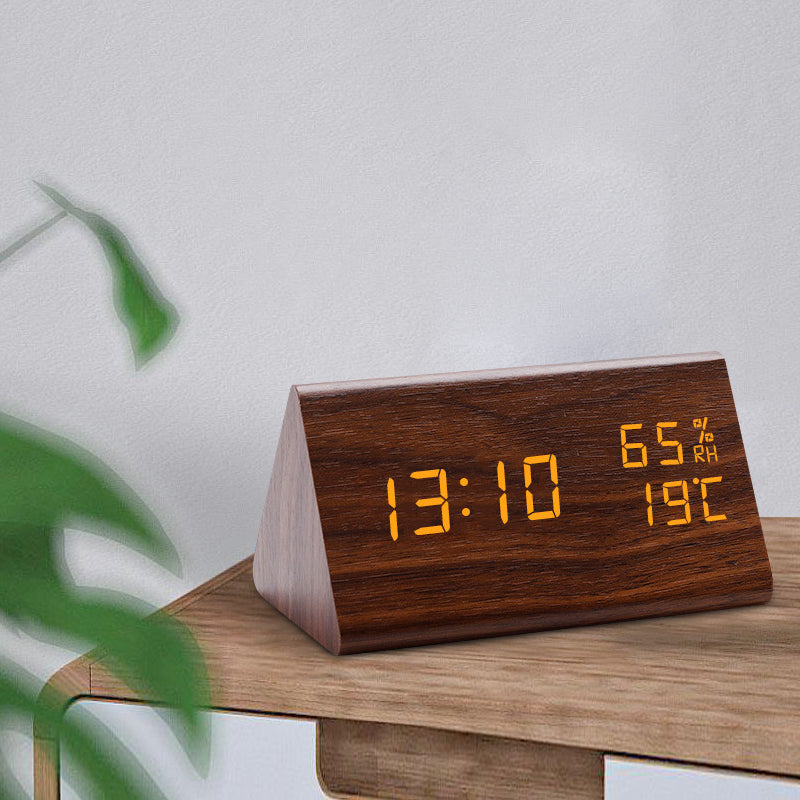 Digital LED Alarm Clock with Wooden Finish and Adjustable Brightness