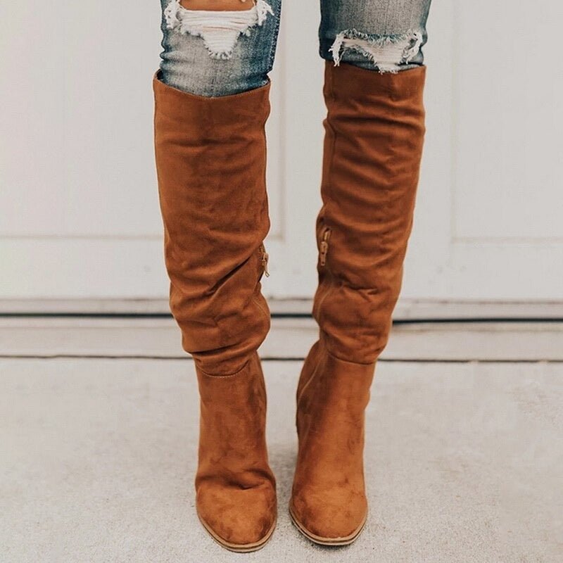 Knee-High Heeled Boots with Zipper and Non-Slip Sole