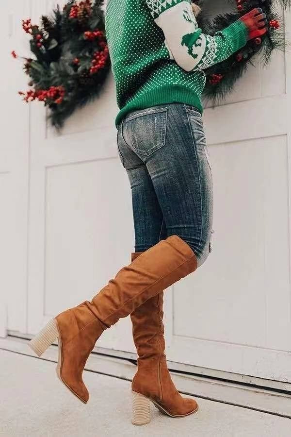 Knee-High Heeled Boots with Zipper and Non-Slip Sole