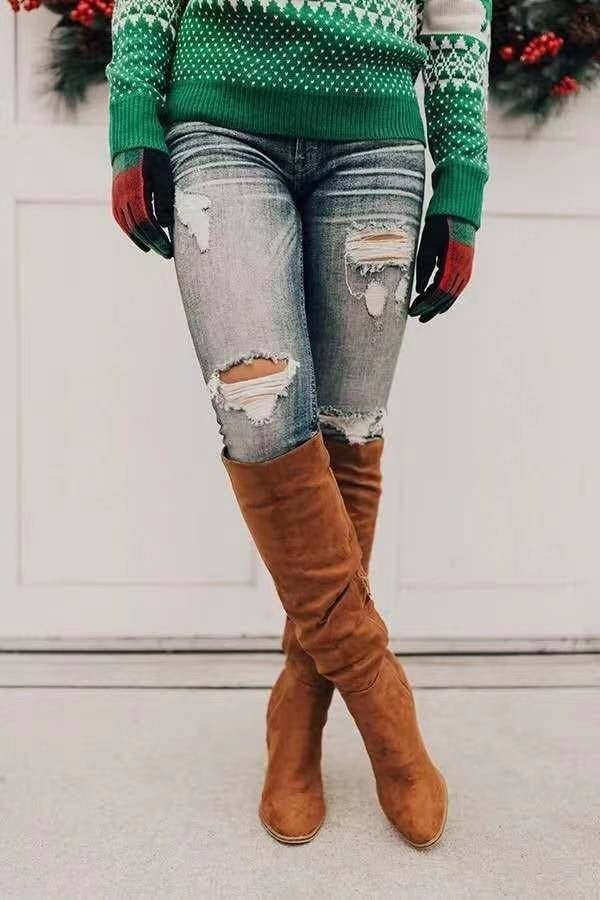 Knee-High Heeled Boots with Zipper and Non-Slip Sole