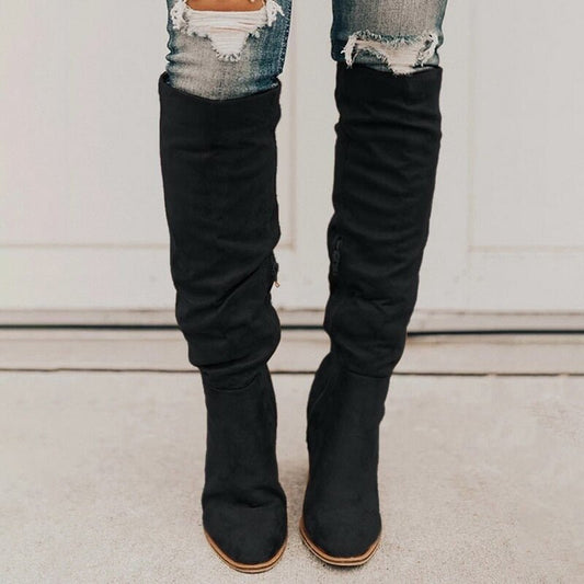 Knee-High Heeled Boots with Zipper and Non-Slip Sole