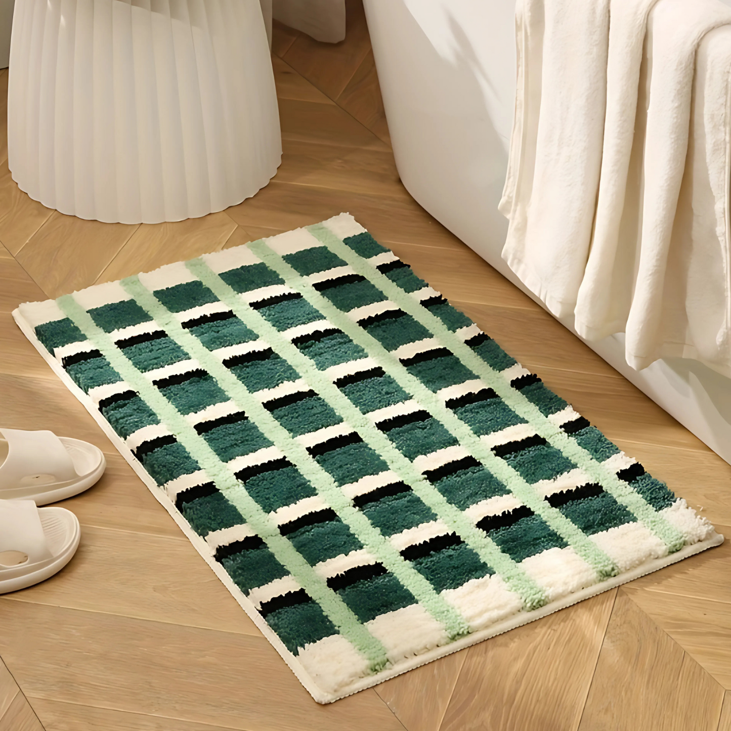 Moss Green Geometric Flocked Bath Mat