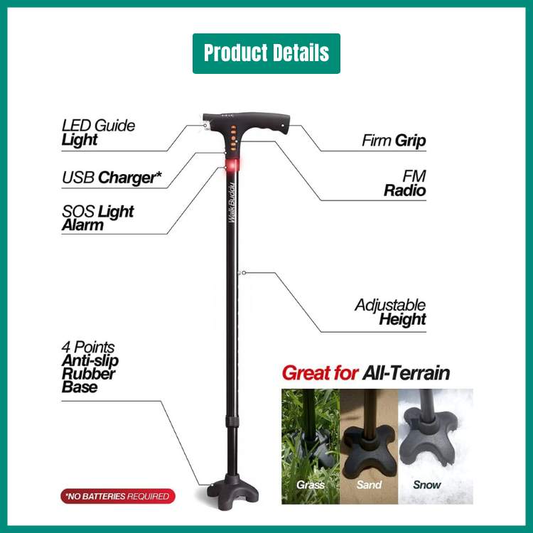 Adjustable LED Flashlight Walking Cane with Anti-Slip Tip and Emergency Alarm