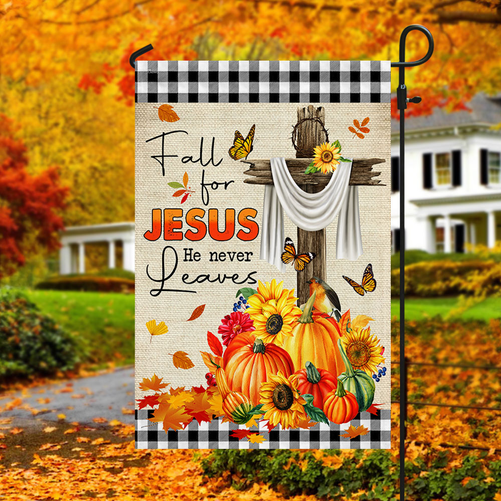 Fall Decorative Flag "Fall for Jesus He Never Leaves" Double-Sided Canvas