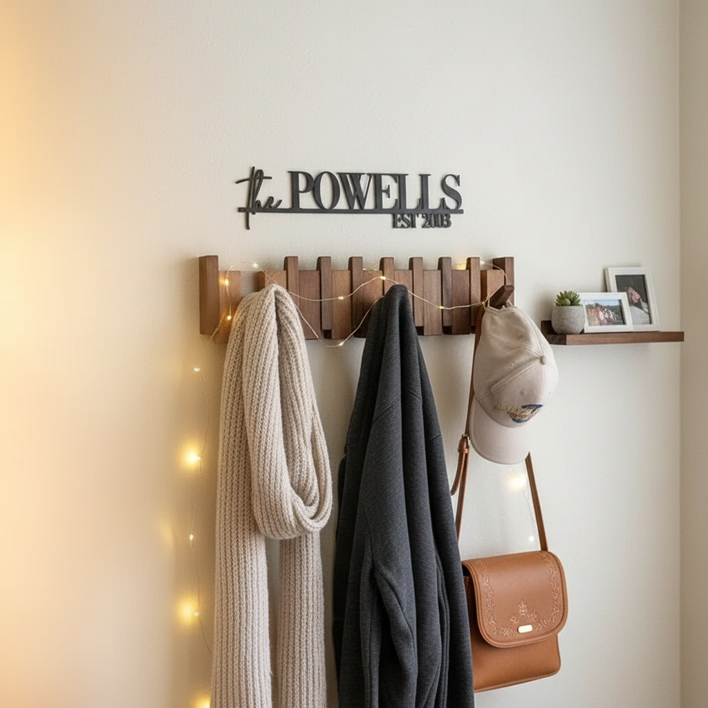 Wooden Piano Coat Rack with Hooks - Space-Saving Wall Organizer
