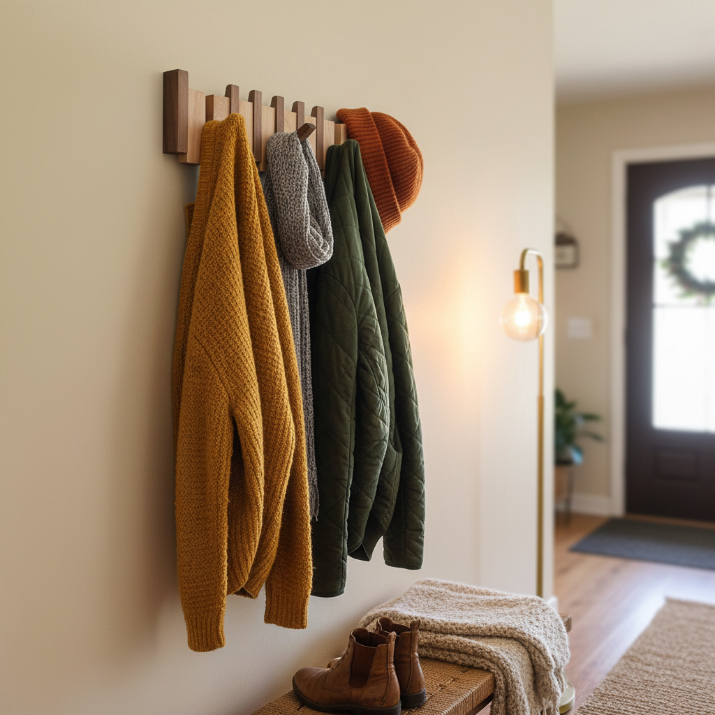 Wooden Piano Coat Rack with Hooks - Space-Saving Wall Organizer