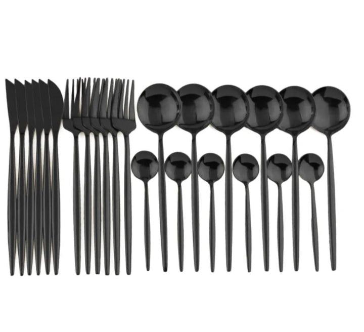 Black Stainless Steel Flatware Set - Modern 24 or 48-Piece Dining Utensils