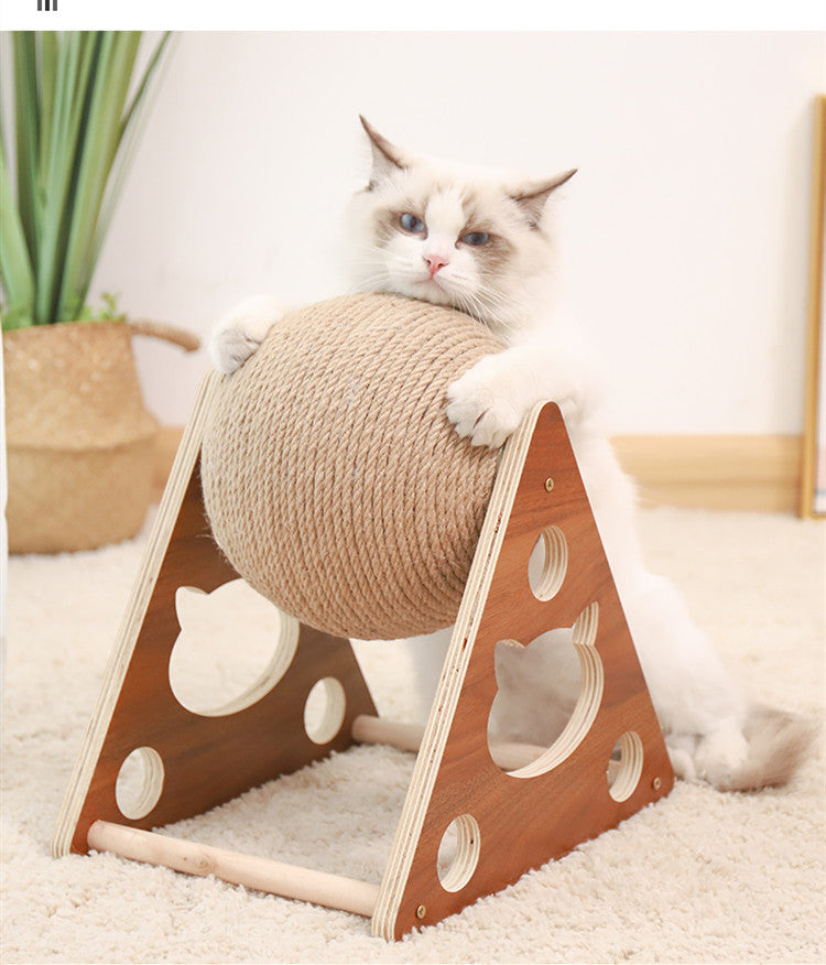Wooden Cat Scratching Post with Sisal Rope and Play Balls