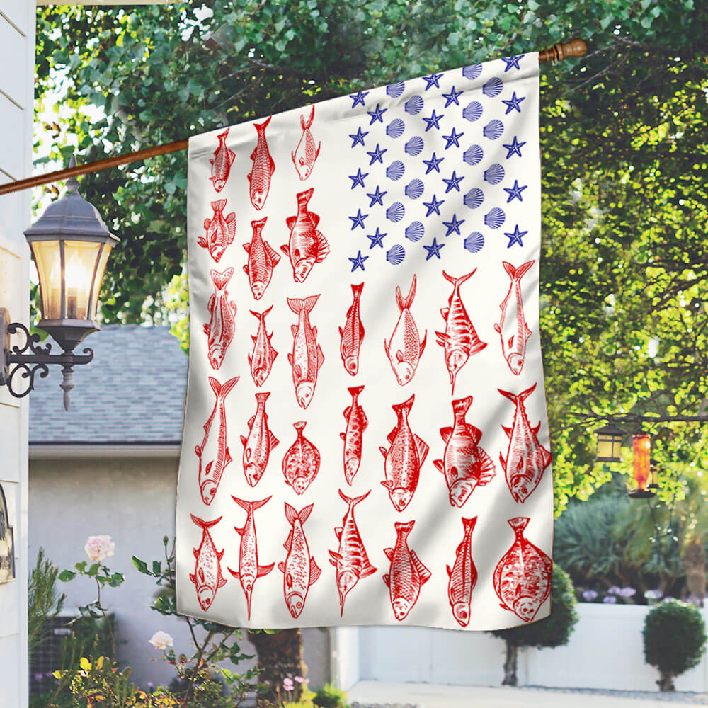 Fish & Sea Shells American Flag - Nautical Summer Decor for Independence Day