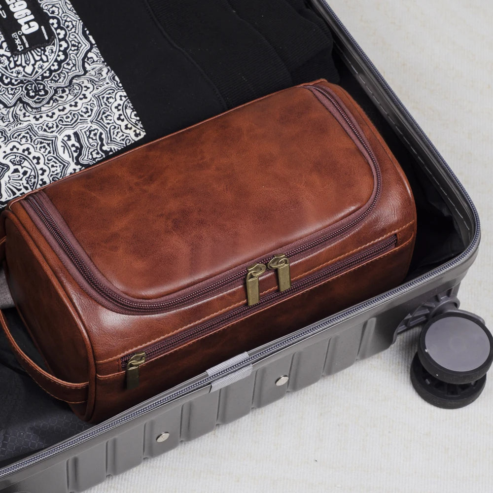 Compact Leather Hanging Toiletry Bag with Hook