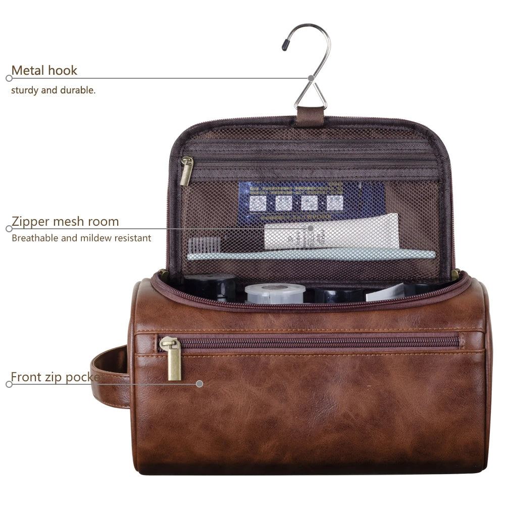 Compact Leather Hanging Toiletry Bag with Hook