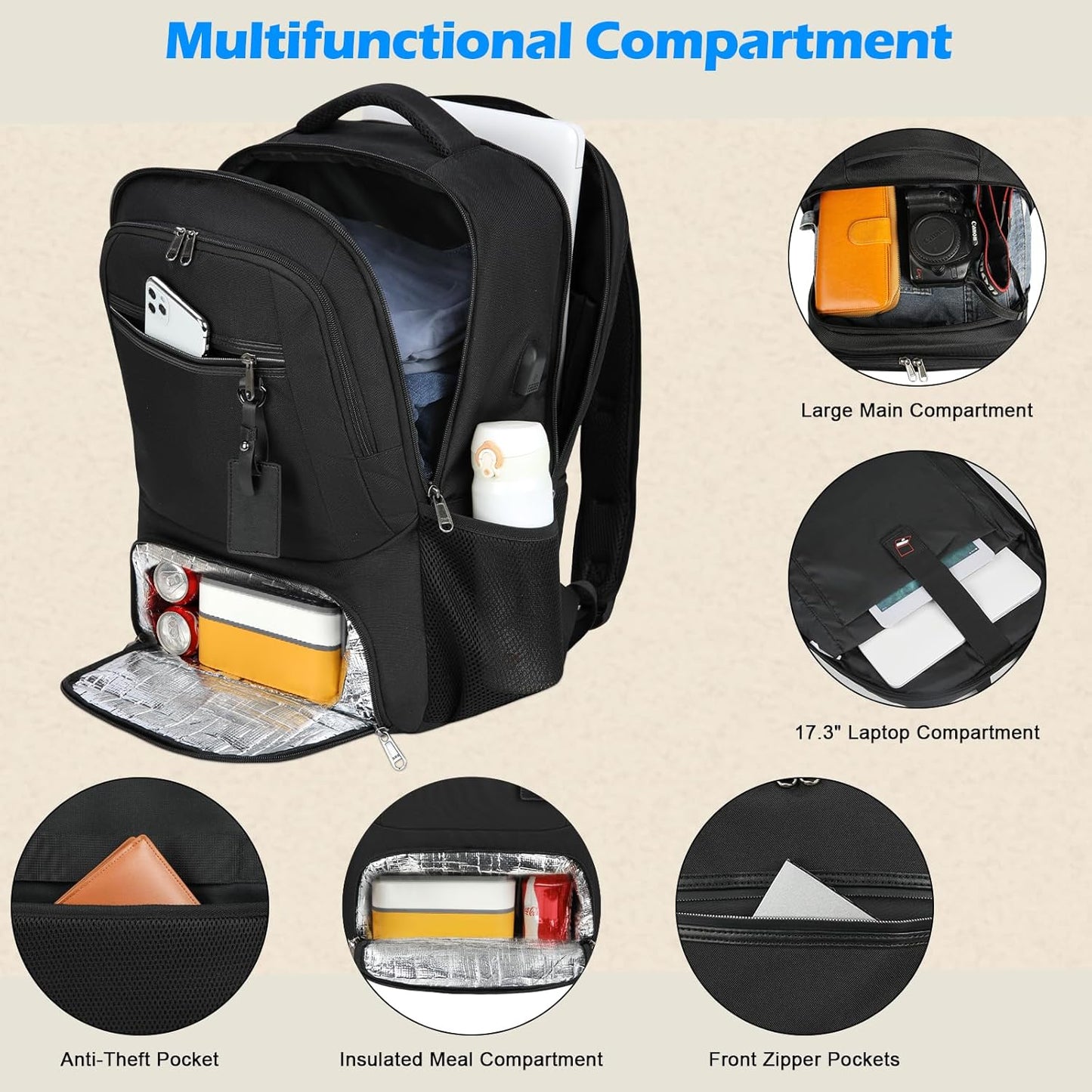 Waterproof Laptop Backpack with Insulated Lunch Compartment and USB Port
