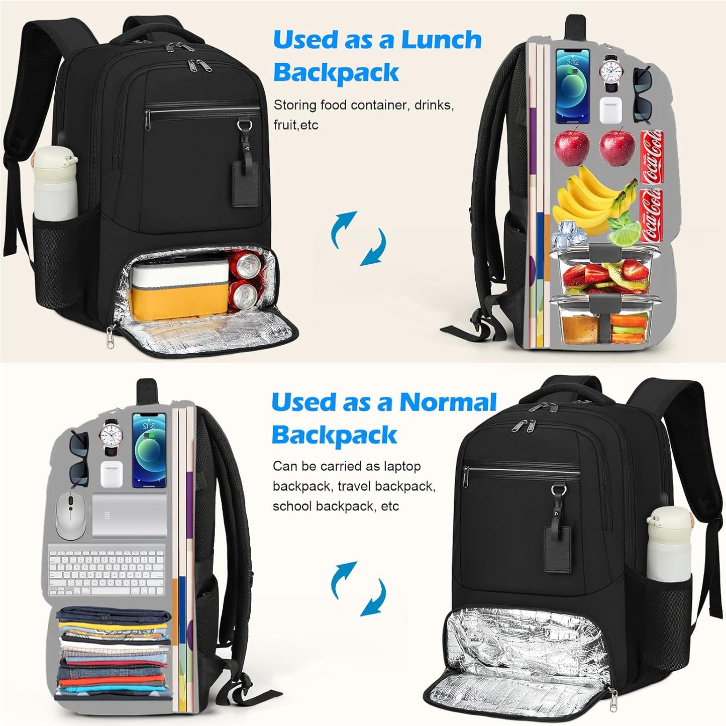 Waterproof Laptop Backpack with Insulated Lunch Compartment and USB Port