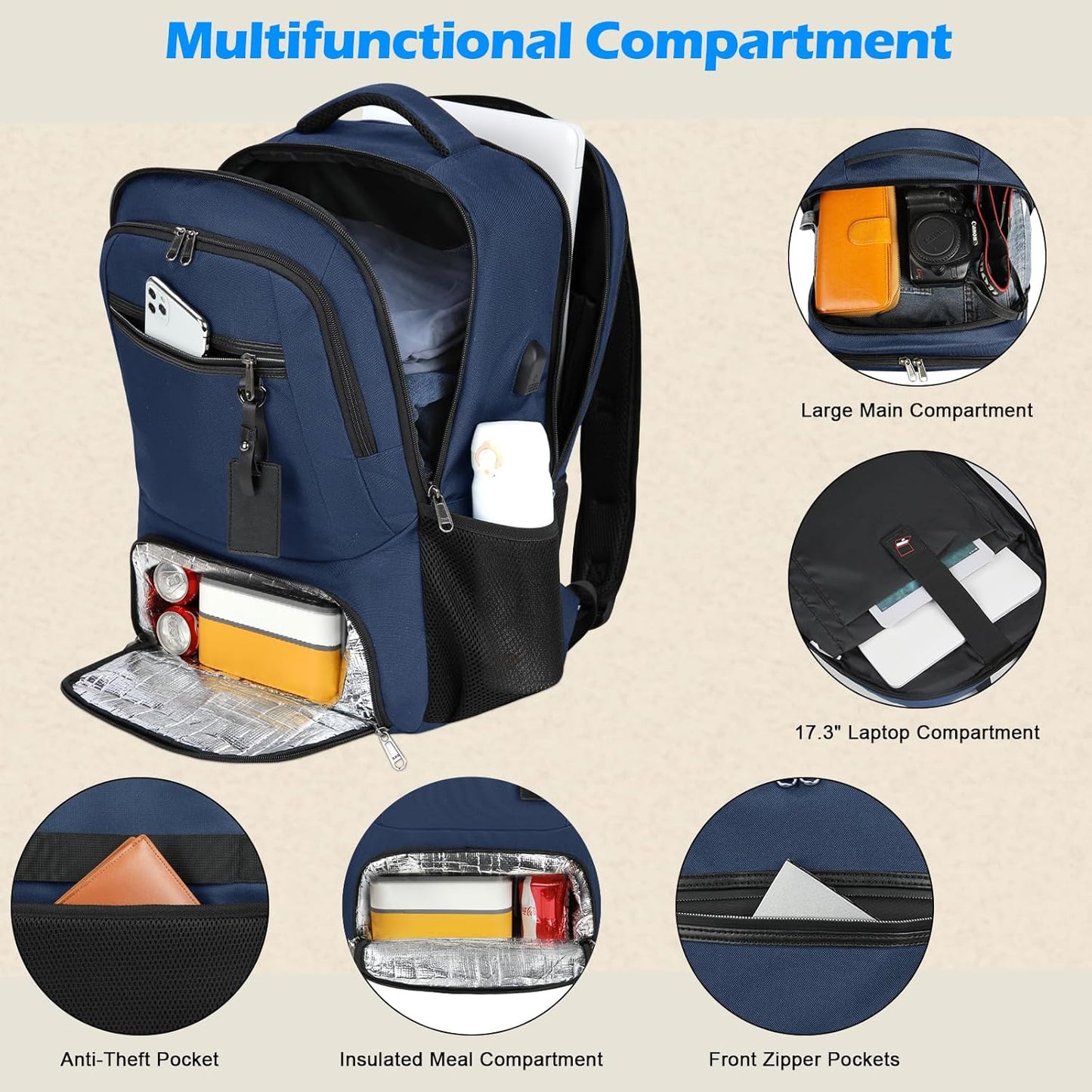 Waterproof Laptop Backpack with Insulated Lunch Compartment and USB Port