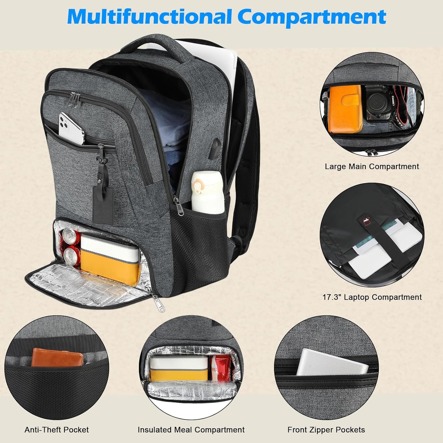 Waterproof Laptop Backpack with Insulated Lunch Compartment and USB Port