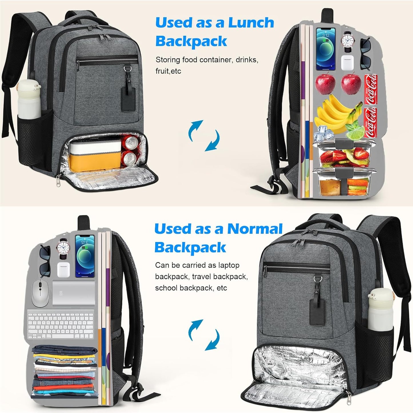 Waterproof Laptop Backpack with Insulated Lunch Compartment and USB Port