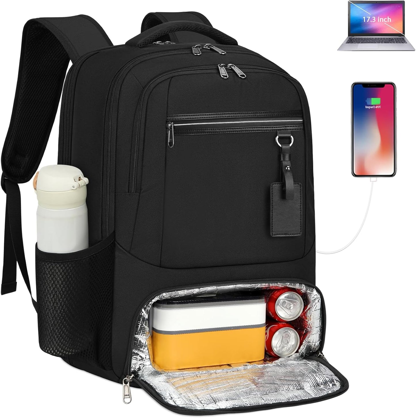 Waterproof Laptop Backpack with Insulated Lunch Compartment and USB Port