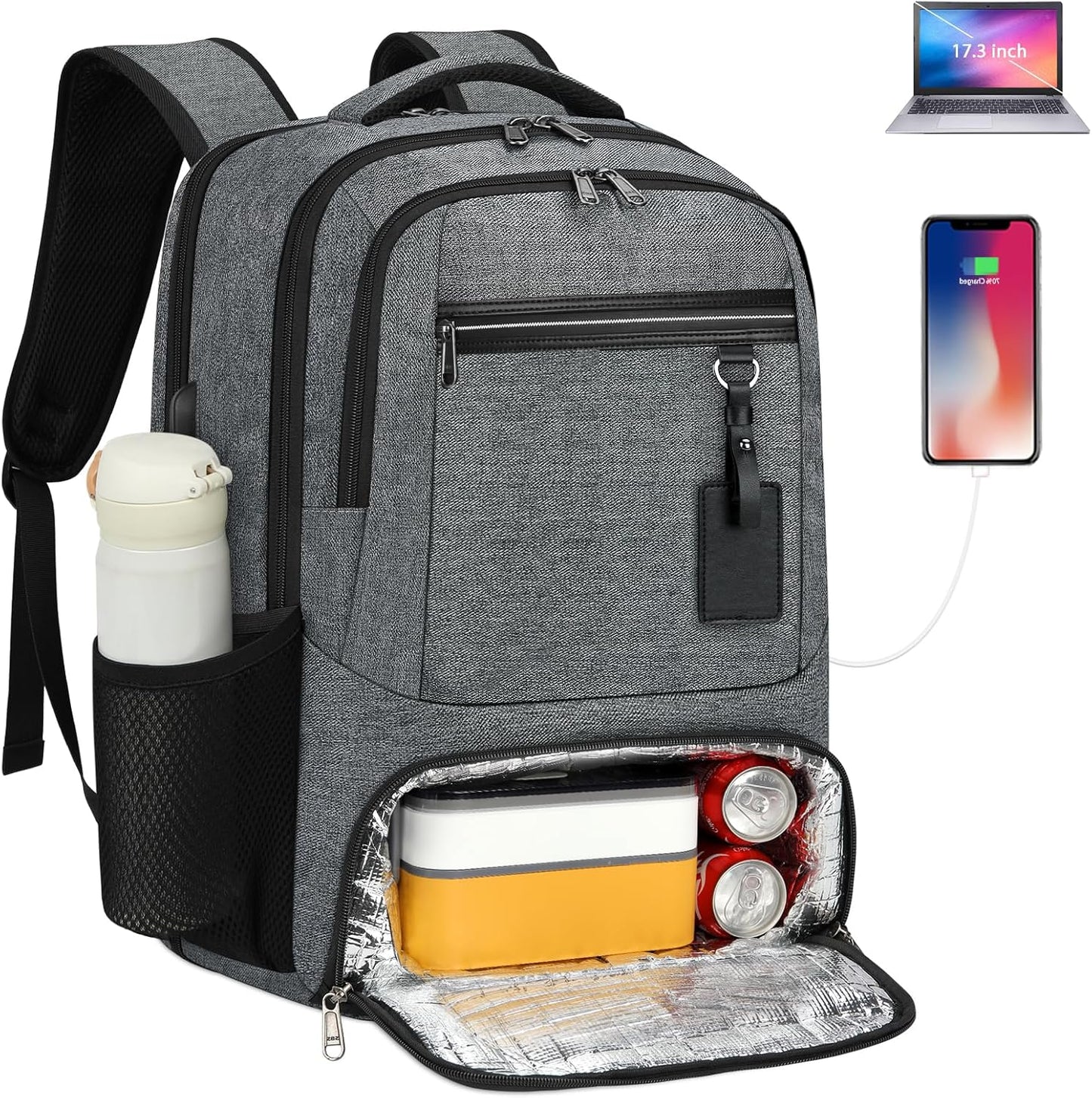 Waterproof Laptop Backpack with Insulated Lunch Compartment and USB Port
