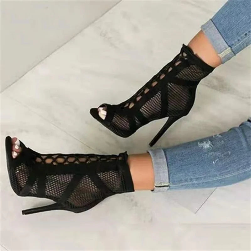 Peep-Toe High Heel Lace Sandals in Black Mesh