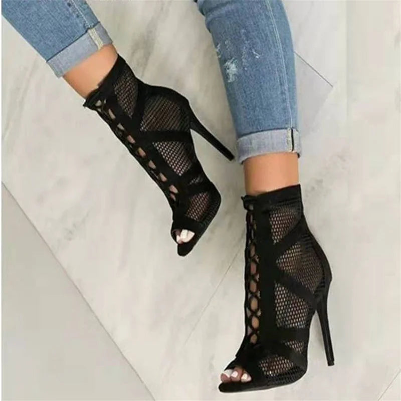 Peep-Toe High Heel Lace Sandals in Black Mesh