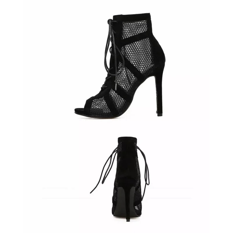 Peep-Toe High Heel Lace Sandals in Black Mesh