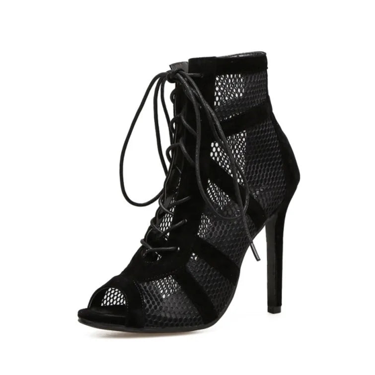 Peep-Toe High Heel Lace Sandals in Black Mesh