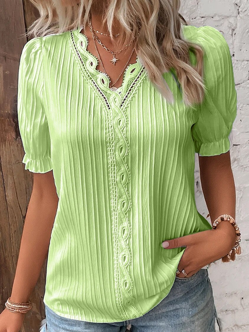 Lace Blouse with Puff Sleeves - Elegant Feminine Top