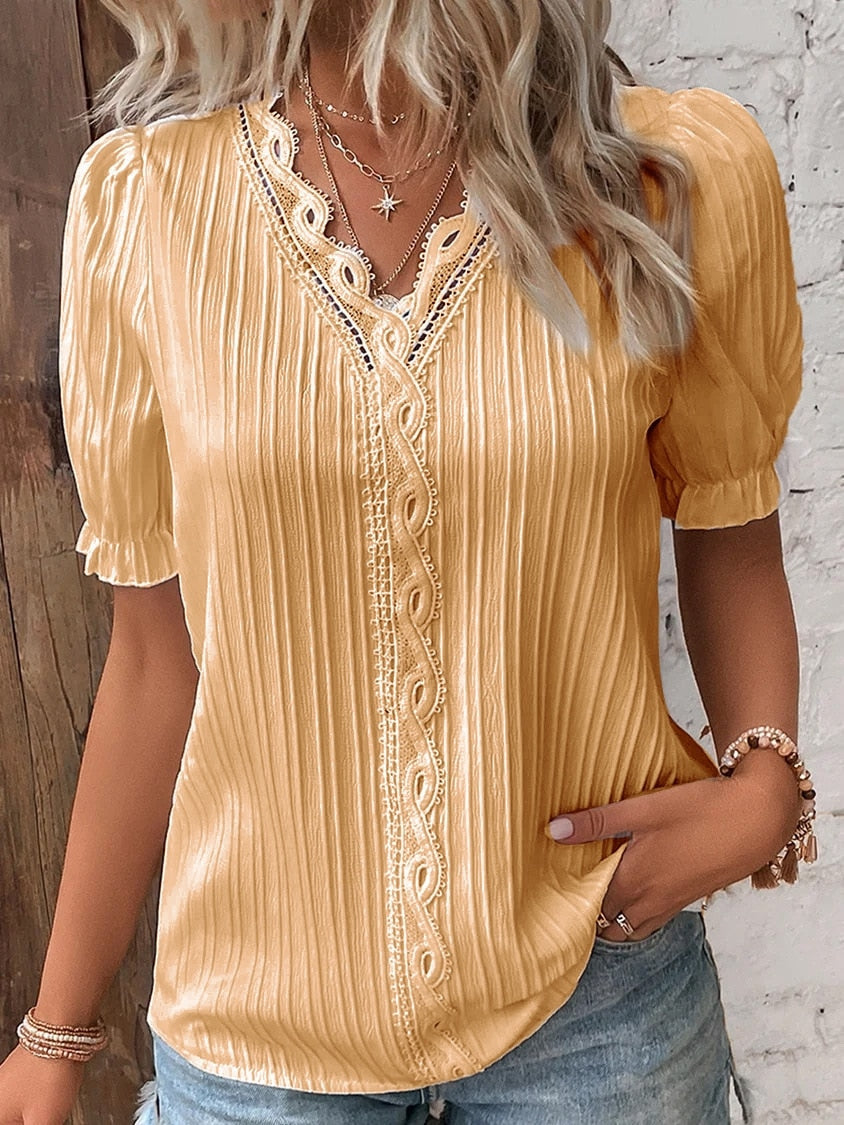 Lace Blouse with Puff Sleeves - Elegant Feminine Top