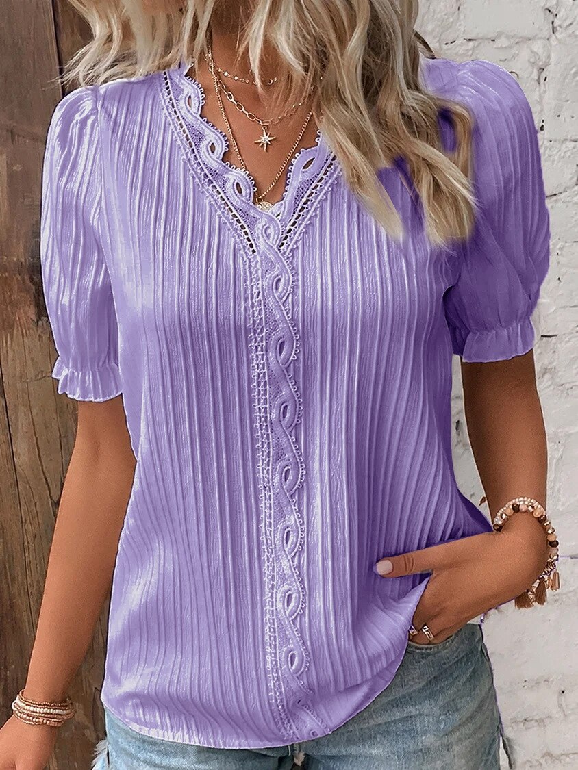 Lace Blouse with Puff Sleeves - Elegant Feminine Top