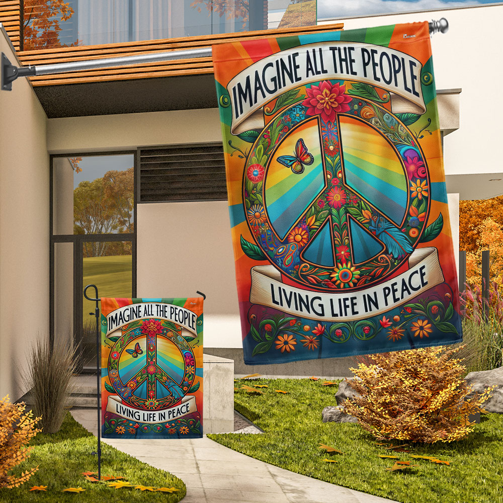 Peace Sign Hippie Flag Double-Sided Canvas - Imagine All The People Living Life In Peace