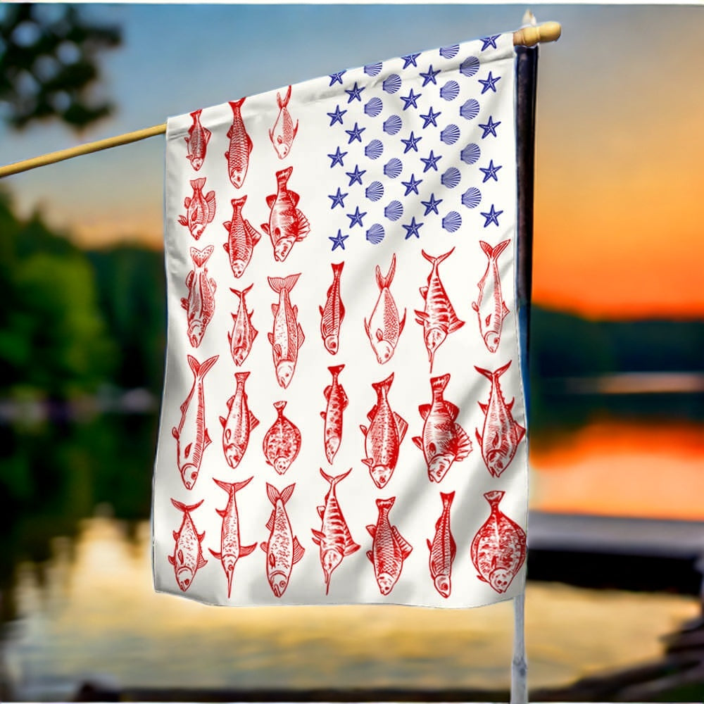 Fish & Sea Shells American Flag - Nautical Summer Decor for Independence Day