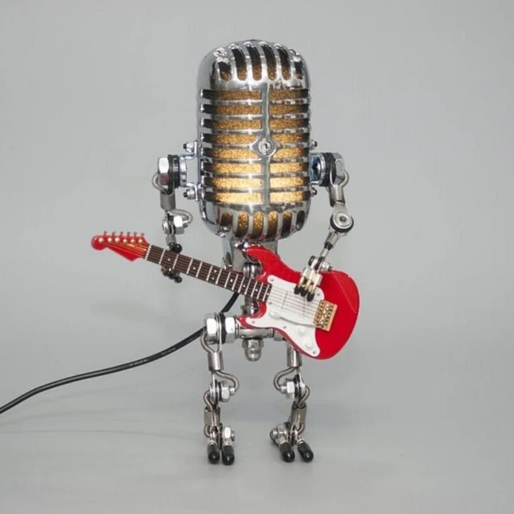 Vintage Metal Microphone Robot Lamp with Guitar Design