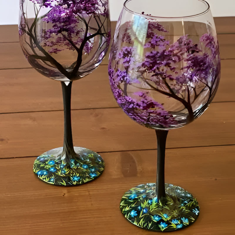 Hand Painted Four Seasons Tree Wine Glasses - 12 oz